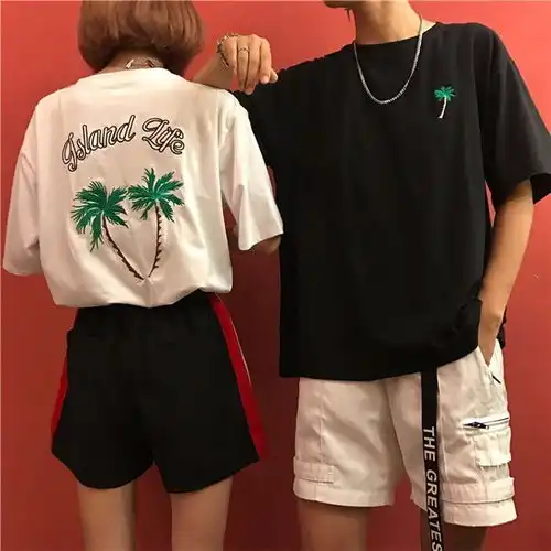  情侣装夏季一男一女短袖t恤女学生韩版宽松2019款闺蜜装刺绣上衣
