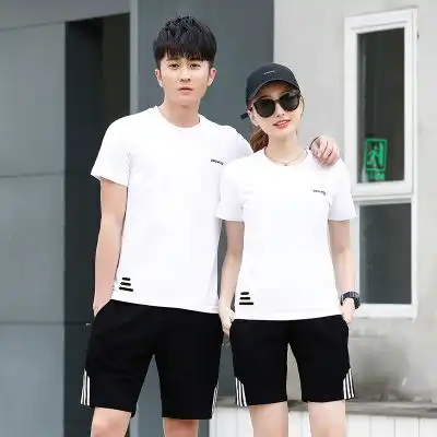  夏季户外休闲男女情侣时尚简约条纹圆领短袖透气运动纯棉套装