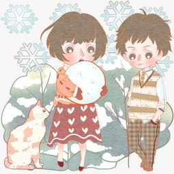  半橘小猫和小朋友雪中玩雪开心快乐图片素材其他格式下载动漫人物大全