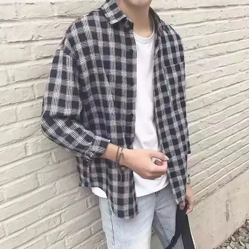  春夏秋季港风格子衬衫男士超高质量修身长袖韩版潮流情侣休闲衬衫