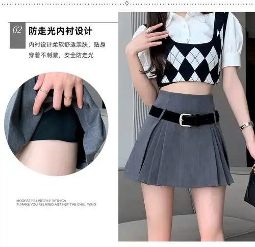  实拍纯欲学院风百褶裙腰带高腰防走光a字半身裙洋气百搭迷你短裙