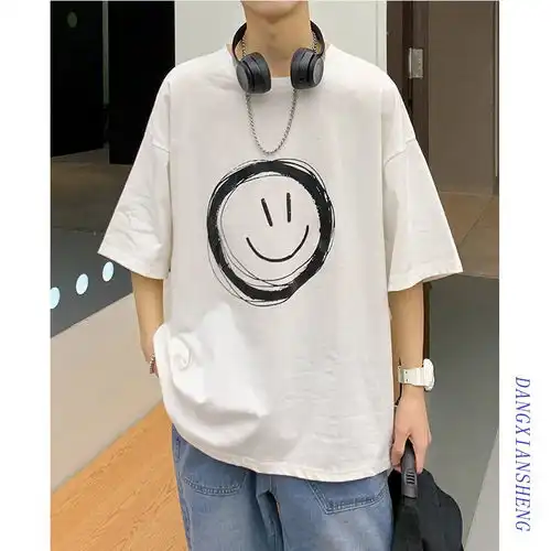  港风新款短袖男学生韩版潮流五分袖白色简约宽松半袖体恤情侣上衣