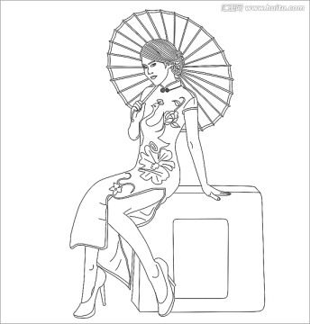  旗袍唐装美女,矢量图