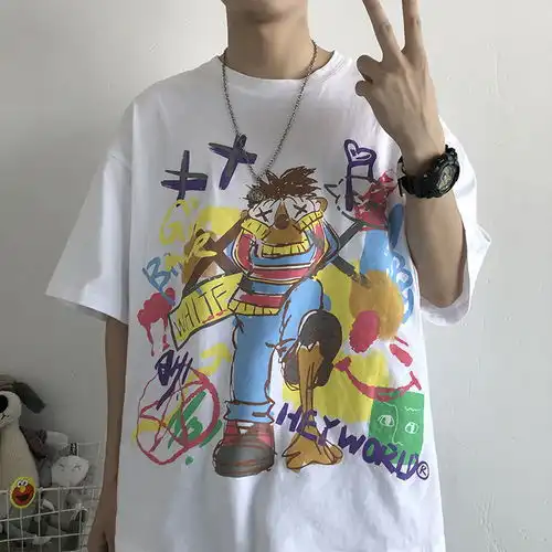  港风新款短袖男学生韩版潮流五分袖白色简约宽松半袖体恤情侣上衣