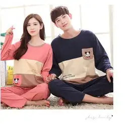  春秋季情侣睡衣女棉质长袖长裤可爱卡通条纹撞色舒适家居服男套装