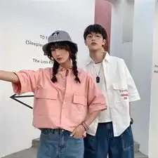  2020学院风简约纯色衬衣女情侣装短袖亚麻衬衫上衣男104b087