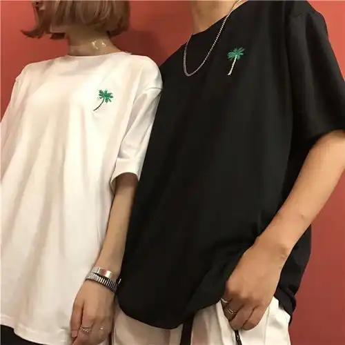  情侣装夏季一男一女短袖t恤女学生韩版宽松2019款闺蜜装刺绣上衣